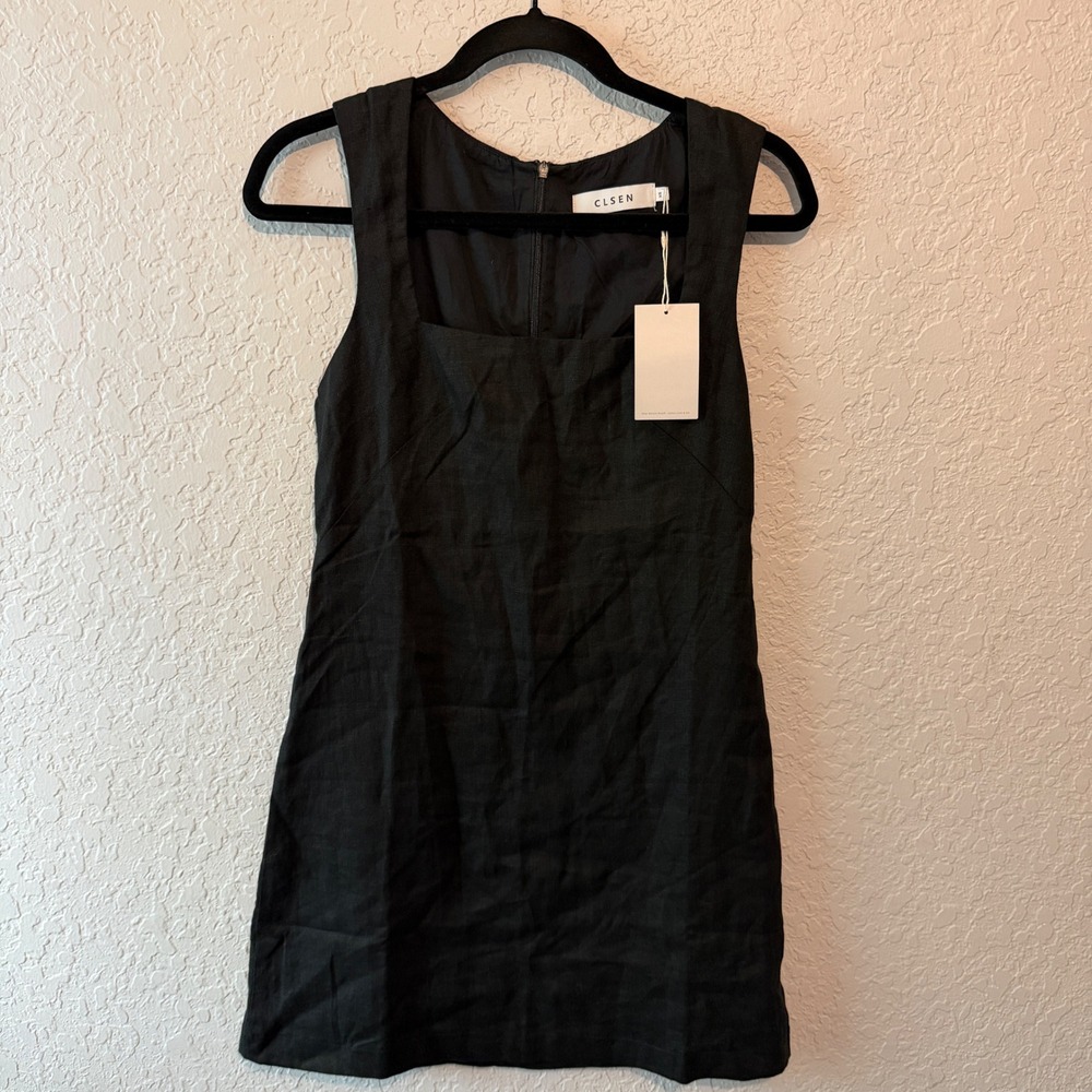 CLSEN Linen Square Neck Mini Shift Dress XS Black Minimalist Contemporary